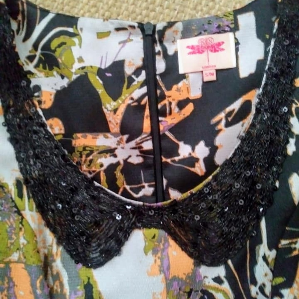 Vintage RN London Beaded Collar Abstract Print Dress - Picture 3 of 6